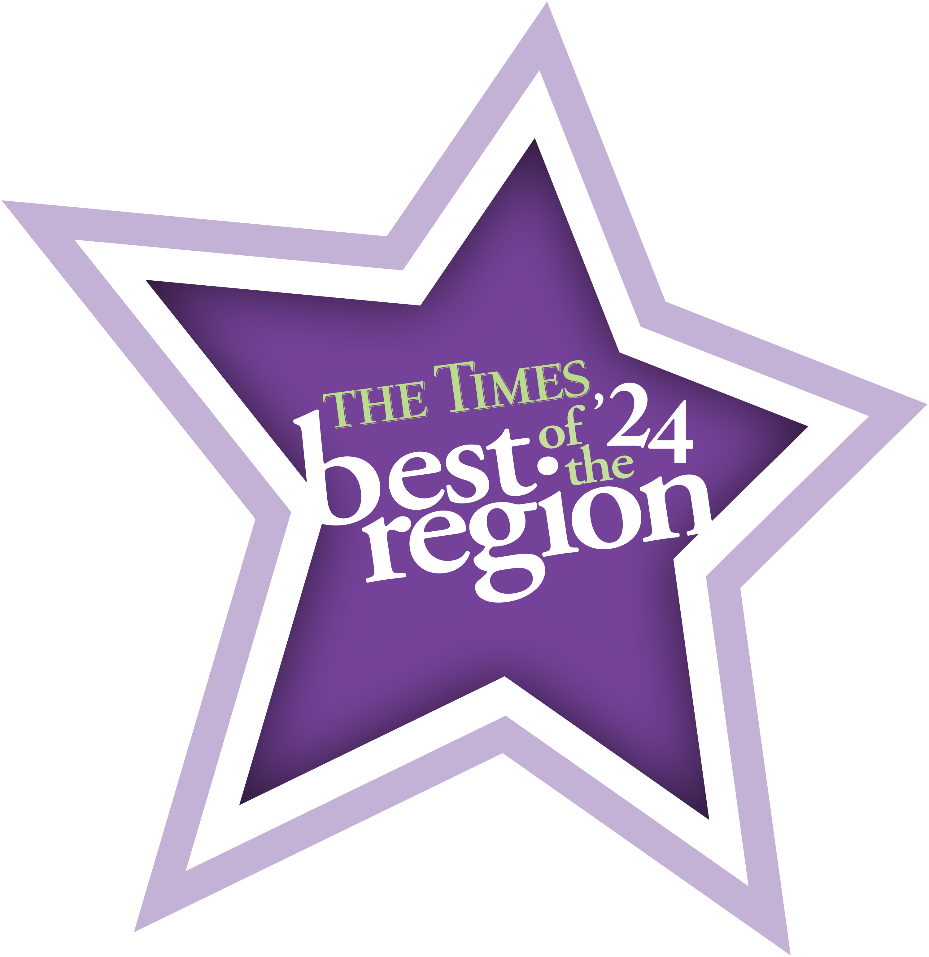 Stoney Run Canine Camp | Purple star logo with white and green text reading "THE TIMES best of the region '24.